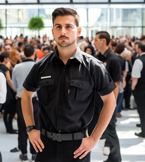 Sicherheitsmitarbeiter in schwarzer Dienstkleidung